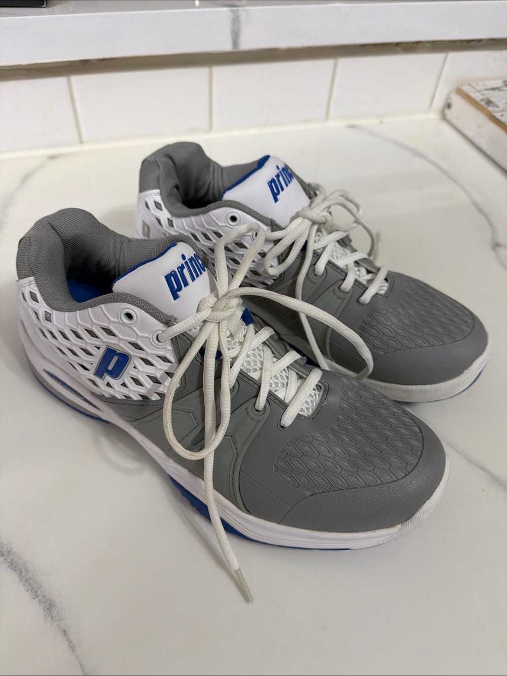 Prince Men's Gray and White Athletic Tennis Shoes with Blue Accents